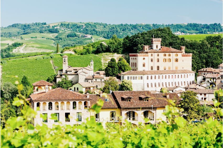 Der Ort Barolo im Piemont umgeben von Weinbergen